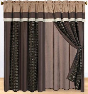 4 Pc Modern Southwestern Chenille Window Curtain Drape Lining Set Coffee Brown   Window Treatment Curtains