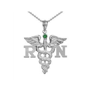 NursingPin   Registered Nurse RN Graduation Nursing Necklace with Emerald in Silver   16IN: Jewelry