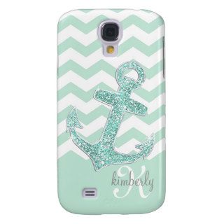 Mint Faux Glitter Anchor Chevron Personalized Samsung Galaxy S4 Cover