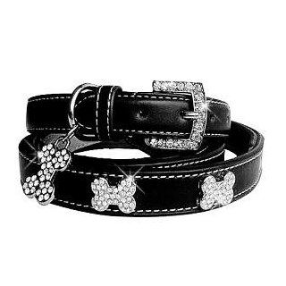 "Luxe Bone" 192 Swarovski crystals jewelled Leather Dog Collar   Black / Large (15" 20") : Pet Fashion Collars : Pet Supplies