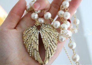 JA177 Pearl Laced Angel Wing Necklace, Golden Bronze Faux Angel Pearl Necklace: Jewelry