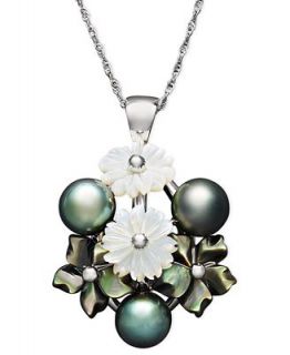 Sterling Silver Necklace, Cultured Tahitian Pearl and Cultured Freshwater Mother of Pearl Flower Pendant   Necklaces   Jewelry & Watches