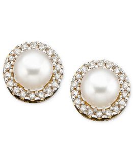 10k Gold Earrings, Cultured Freshwater Pearl and Diamond Accent   Earrings   Jewelry & Watches