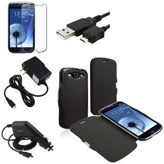 eForCity Black Flip Leather Case+Clear Pro+Charger+Cord Compatible with Samsung© Galaxy S III S3 i9300: Cell Phones & Accessories