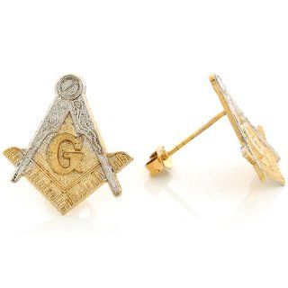 10k Two Tone Real 1.94cm x 1.74cm Gold Attractive Masonic Free Mason Post Earrings: Jewelry