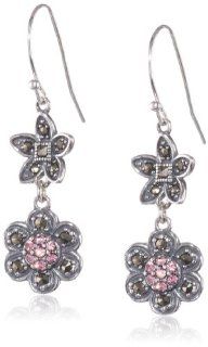 Sterling Silver Oxidized Marcasite and Swarovski Crystal Rose Flower Wire Dangle Earrings: Jewelry