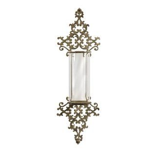 32" Ornate Iron Scrollwork Pillar Candle Wall Sconce with Glass Hurricane  