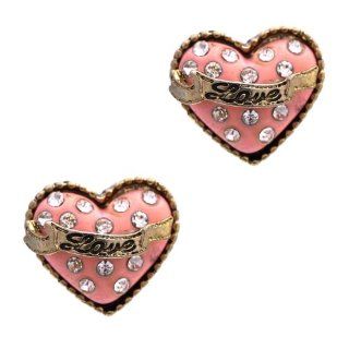 Betsey Johnson Sparkle Heart Love Banner Earrings: Stud Earrings: Jewelry