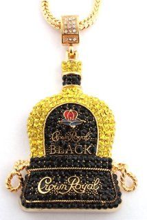 Gold with Yellow & Black Iced Out Crown Royal Whiskey Bottle Pendant with a 36 Inch Franco Chain Necklace: Jewelry