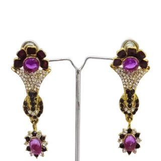 Gold Tone Purple CZ Earring Set Indian Wedding Wear Party Chandelier Jewelry: Dangle Earrings: Jewelry