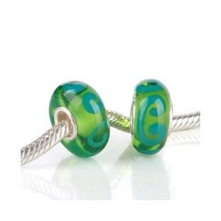 Teal Swirls in Light Green Glass Bead with 925 Sterling Single Core