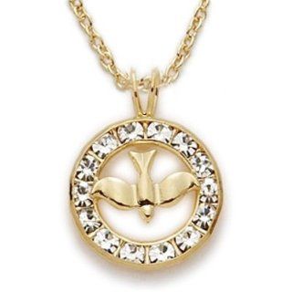 24K Gold Over .925 Sterling Silver Holy Spirit Peach Dove Necklace in a Circle Set in Crystal CZ Stones Design Christian Jewelry Women's Religious Jewelry Gift Boxed.w/Chain Necklace 18" Length Gift Boxed.: Pendant Necklaces: Jewelry