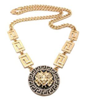 Hot Very Trendy Gold/Black Medusa & 6 Side Square Pieces w/10mm 36" Link Chain Necklace XC399G: Pendant Necklaces: Jewelry