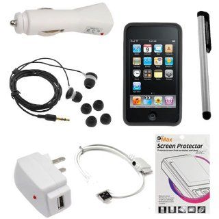 GTMax Black Soft Rubber Silicone Skin Cover Case + Rapid Car Charger + Home Charger + USB Data Cable + 3.5mm Stereo Headset + Full Front LCD Screen Protector + Stylus Silver for Apple iPod Touch 8GB 32GB 64GB 3rd 3G Generation NEWEST MODEL: Electronics