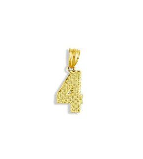 14k Yellow Gold Diamond Cut Number Four #4 Pendant: Jewelry