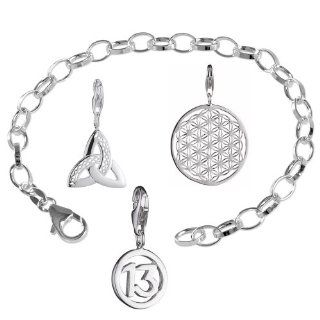 VINANI brand Germany 925 Sterling Silver Charm Bracelet Topic Symbol with 3 charm pendants Flower of Life Mandala Trinity Lucky Number 13   19, 5 cm (7.5") BSY: Clasp Style Charms: Jewelry