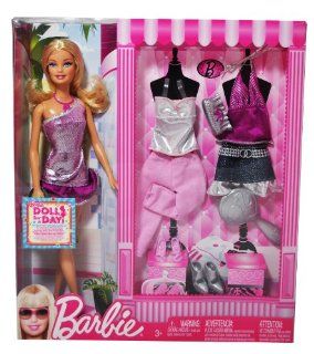 Barbie Year 2009 Fashionistas Series 12 Inch Doll Set   Barbie with One Shoulder Strap Dress, Strapless Top, Pink Denim Pants, Neck Strap Top, Blue Denim Mini Skirt, Necklace, Belt, 3 Pairs of High Heel Shoes, Purse and Hairbrush (T9133): Toys & Games