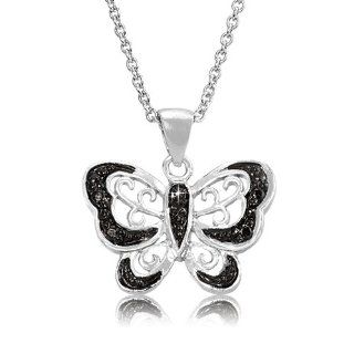 Queen Jewelers Silver Black Diamond Accent Dog Paw Print Necklace with 18" Chain (Butterly) Jewelry