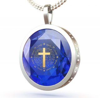 Blue Christian Necklace   Sterling Silver Cross Pendant with Bible Verse Inscriptions on Cubic Zirconia Gemstone   Religious Jewelry for Women: Jewelry
