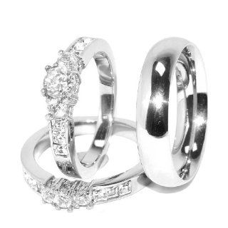 His/ Hers 3 Pcs Brilliant CZ Stainless Steel Wedding Ring Set and Mens Matching Band, AVAILABLE SIZES men's 8~14; women's set 5~10. Whole size only. CONTACT US BY EMAIL THROUGH  WITH SIZES AFTER PURCHASE Jewelry