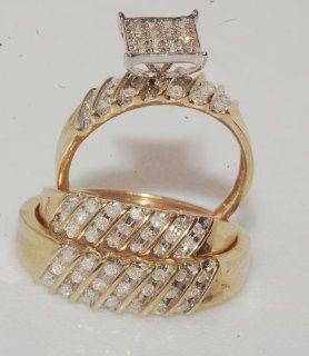 His Hers Diamond & Gold Engagment & Wedding Trio Ring Set: Jewelry