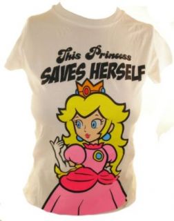 Super Mario Bros Girls T Shirt   Peach "This Princess Saves Herself" on White (X Small): Clothing