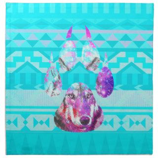 Wolf in Pink Nebula paw & Andes aztec teal pattern Printed Napkins