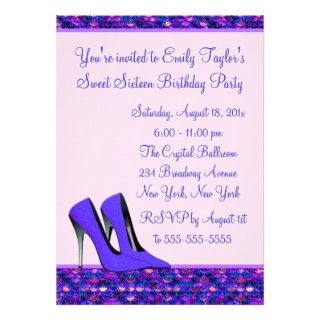 Purple High Heel Sequin Sweet Sixteen Party Announcement