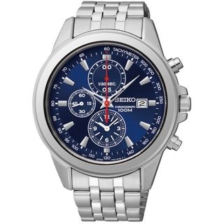 Seiko Men's Chronograph Blue Dial Red Accent Stainless Steel Watch Seiko Men's Seiko Watches