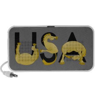 Pony flexing into the letters USA Speaker