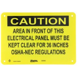 Master Lock S5050 10" Width x 7" Height Polypropylene, Black on Yellow Safety Sign, Header "Caution", Legend "Area In Front of This Electrical Panel Must Be Kept Clear for 36 Inches OSHA NEC Regulations": Industrial Warning Si