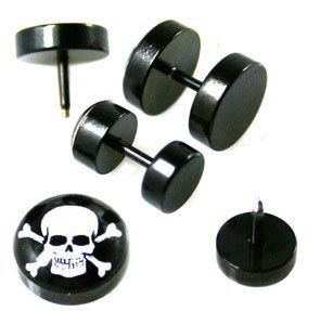 Fake Piercing Ear Plugs with Skull Design   Sizes: Small Sold as a Pair: Jewelry