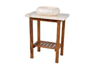 Waschtisch Teak Holz mit Platte und Waschbecken Marmor creme DIVERO: Baumarkt