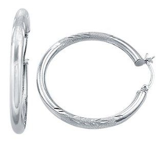 14k White Gold Diamond Cut Hoop Huggie Earrings 1": Jewelry