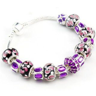 Pandora compatible Purple Zirconia Charm with Murano Glass Beads Charm Bracelet Jewelry