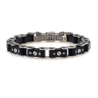 Stainless Steel & Black Rubber Bicycle Chain Link Men's Bracelet (8.5"): Jewelry
