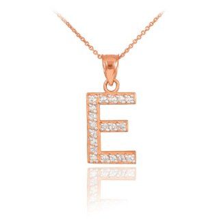 Dainty 14k Rose Gold Diamond Initial Letter E Pendant Necklace, 16": Jewelry