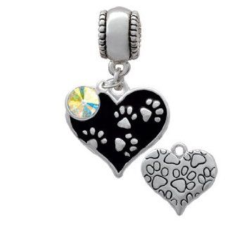 Black Enamel Heart with Silver Paw Prints Charm Bead with Clear AB Crystal Dangle: Delight: Jewelry