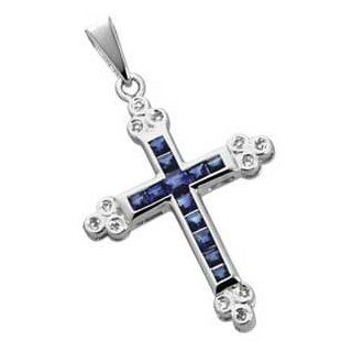 14Kt White Gold Sapphire and Diamond Cross Pendant: Jewelry