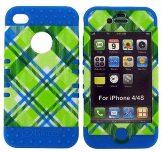 3 IN 1 HYBRID SILICONE COVER FOR APPLE IPHONE 4 4S HARD CASE SOFT LIGHT BLUE RUBBER SKIN PLAID LB TE339 KOOL KASE ROCKER CELL PHONE ACCESSORY EXCLUSIVE BY MANDMWIRELESS: Cell Phones & Accessories