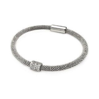 .925 Sterling Silver Rhodium Plated Mesh Design 8mm Italian Bracelet Band with Pave CZ Bar Center   7" Inches: The World Jewelry Center: Jewelry