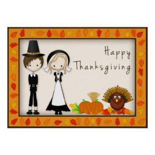 Cute Cartoon Pilgrims Happy Thanksgiving Poster