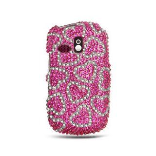 Hot Pink Silver Heart Bling Gem Jeweled Crystal Cover Case for Samsung Freeform SCH R350 SCH R351 Cell Phones & Accessories