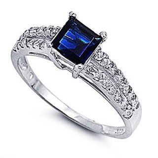 Rhodium Plated Sterling Silver Wedding & Engagement Ring Square Shape Blue Sapphire & Clear CZ Solitaire Ring 7MM ( Size 4 to 10): Wedding Bands: Jewelry
