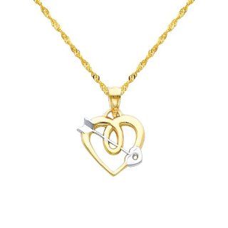 14K Yellow and Rose 2 Two Tone Gold Cupid Arrow Heart Charm Pendant with Yellow Gold 1.2mm Singapore Chain with Spring Ring Clasp   20" Inches   Pendant Necklace Combination Jewelry
