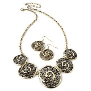 Burn Gold Tone Filigree Swirl Design Necklace and Earrings Set: Jewelry