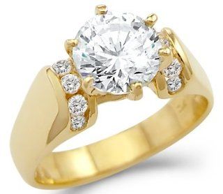 Solid 14k Yellow Gold Solitaire CZ Cubic Zirconia Engagement Ring 1.75 ct. Round Cut: Jewelry