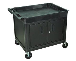 Offex Black Mobile Large Top Tub And Flat Bottom Shelf Utility Cart With Locking Storage Cabinet, Push Handle And 4 Heavy Duty Casters : Office Products