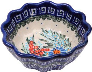 Polish Pottery Ceramika Boleslawiec 0432/169 Royal Blue Patterns with Blue Daisy and Orange Phlox Motif Bowl Babka, Small: Kitchen & Dining