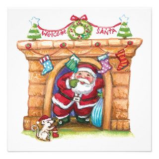 Cartoon Jolly Santa Claus Coming Down a Chimney Announcement